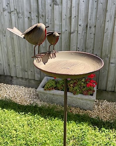 Duo Robin Bird Bath On Tall Spike | Metal British Garden Bird Statue | Ornament