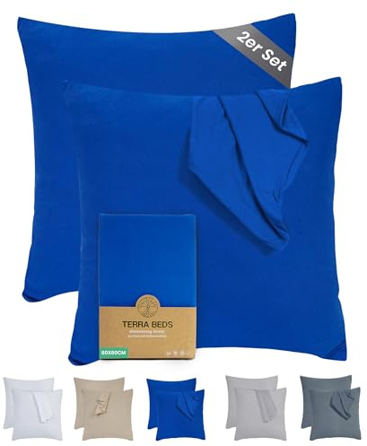 Terra Beds Federa per cuscino da 60 x 60 cm, in cotone jersey, 160 g/m², con chiusura lampo, tessuto elasticizzato, traspirante, colore: blu scuro