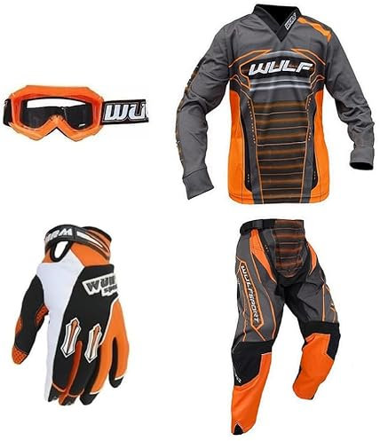 Wulfsport Kids Off Road Motocross Kit - Wulf Linear Cub Mx Kart Race Suit Orange, Stratos Quad Bike Gloves, Junior Motorbike Goggles - Orange : 3-4 years - GLOVES : 2XS