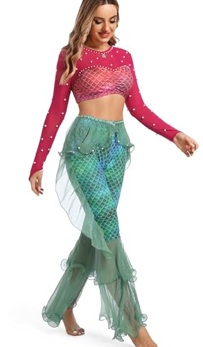 ZLTdream Mermaid Dress Yoga Print Leggings &Top for Women Fish Scale Pants Belly dance Outfit Halloween Costume Medium