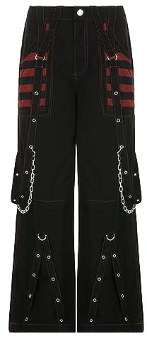 CHOUBAGUAI Goth Dark Y2k Punk Gamba Larga Grunge Pantaloni Neri Mall Gotico Harajuku Pantaloni Larghi a Vita Alta con Cinturino Patchwork Abbigliamento-Nero-M
