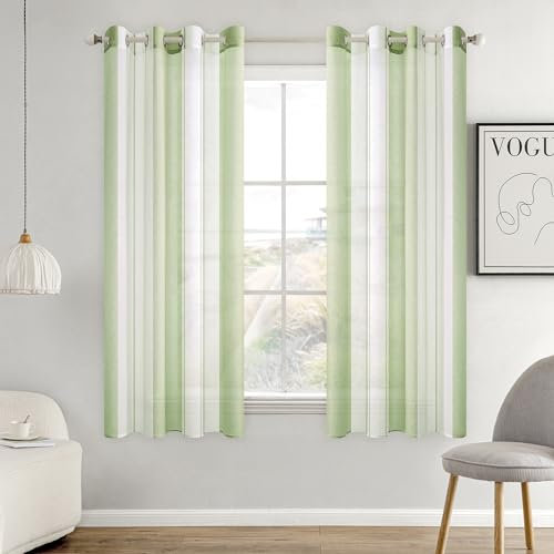 MIULEE Gardinen Gestreift Transparent mit Ösen, Voile Vorhänge Wohnzimmer Modern 2er Set, Vorhang Schlafzimmer Transparent mit Hellgrün Weiss Gestreift Muster, Vorhang Halbtransparent Streifen 140X160