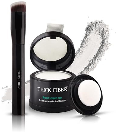 THICK FIBER Root Touch Up & Hairline Powder with Brush 4g – Covers Grey Roots & Thinning Hair – Sweat & Water Resistant – Hair Concealer for Bald Spots & Fill-In (White) for Women & Men
