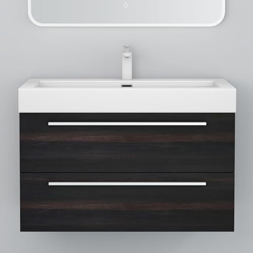 Mai & Mai Mobile Bagno Sospeso90cm, Mobiletto per Bagno con Lavabo, Grigio Scuro, Seria Quadratto