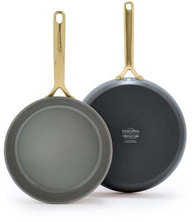 GreenPan GP5 9.5” and 11” 2 Piece Frying Pan Skillet Set, Hard Anodized Healthy Ceramic Nonstick PFAS-Free Cookware, Champagne Handles, Stay-Flat Surface, Induction, Dishwasher and Oven Safe, Slate