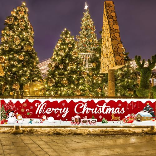 Frohe Weihnachten Banner Weihnachten Outdoor Dekorationen Weihnachtsmann Schneemann Baum Banner Gartendekorationen, 210 x 40 cm