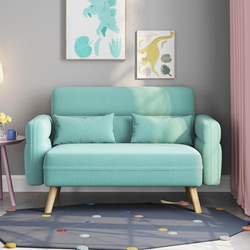 Yaheetech Kleines Sofa Mini Gepolsterte Couch mit 2 Lendenkissen Loveseat Sitzfläche 96 × 51 cm für Loft/Apartment/Spielzimmer Aquamarinblau