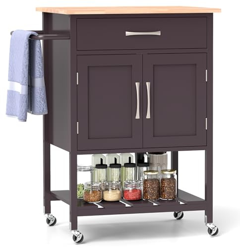GOPLUS Carro de Isla de Cocina, Carro de Utilidad Rodante con Encimera de Madera de Caucho, Cajón y Armario, Bastidor para Toallas, Carro de Servicio Portátil para Comedor, Cocina, Bar (Marrón)