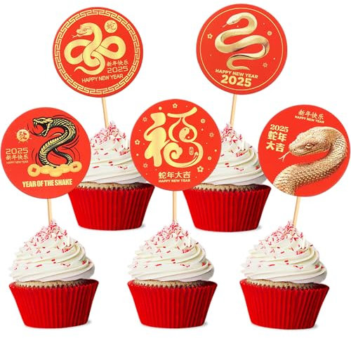 Blumomon 24 Stück Frohes Neues Jahr 2025 Cupcake Topper Neujahr 2025 Party Dekorationen, Silvester Party Tortenaufleger 2025 Schlange Sternzeichen