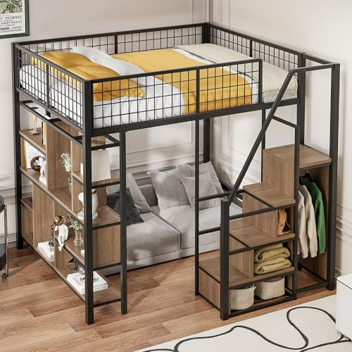 WIZBED Hochbett 140x200, Metallbett mit Lattenrost, Sicherheitsleiter mit Ablagefläche&Kleiderschrank, Kinderbett, Stockbett Funktionsbett, Jugendbett, ohne Matratze (schwarz A, 140x200)