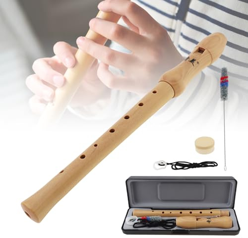Recorder Instrument for Beginners, Solid Wood German fingering C Key Soprano Wooden Recorder, Musical Flute Instrument, Detachable 2-piece Type Recorder with Hard Case & Cleaning Kit (German)