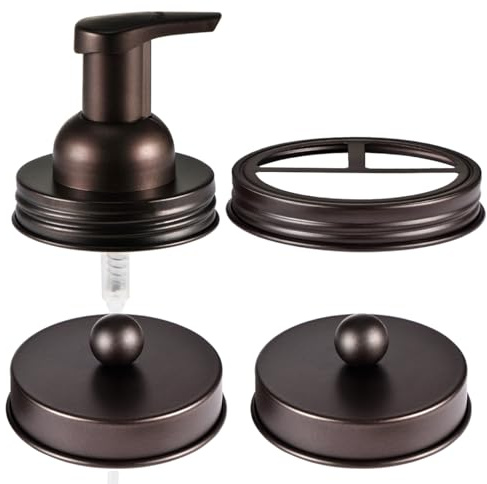 Komashr Mason Jar Bathroom Accessories Set(4pcs)-Jars Not Included-Bronze | Foaming Soap Dispenser and Apothecary Jars Lids for Regular Mouth jar, Wide Mouth Toothbrush Holder lid, Farmhouse Decor