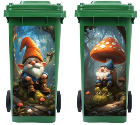 Peacoblue 2Pcs Wheelie Bin Stickers Forest and Gnome for Dustbin Decor | 82x38cm,rubbish Cover,Large Wraps,Waterproof,Funny Decals for Fridges Door,Wall,Garden Indoor Outdoor Patio Decorative