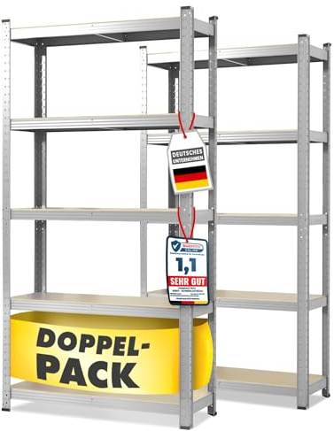 etm Schwerlastregal 2-er Pack 180 x 90 x 40 cm verzinkt | Steckregal, Lagerregal, Standregal, Stecksystem ohne Werkzeug montierbar (Lakota, verzinkt)