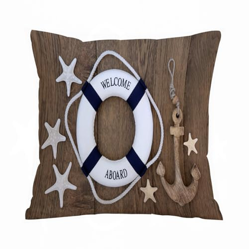 ERRTU Kissenbezug 40x40 cm,Anker, Rettungsring, Seesterne über Alter, Rutschfester Badematte,Dekokissen Kissenbezüge Deko Kissen Bezug Wohnzimmer Zierkissen für Sofa Stuhl Bett Garten