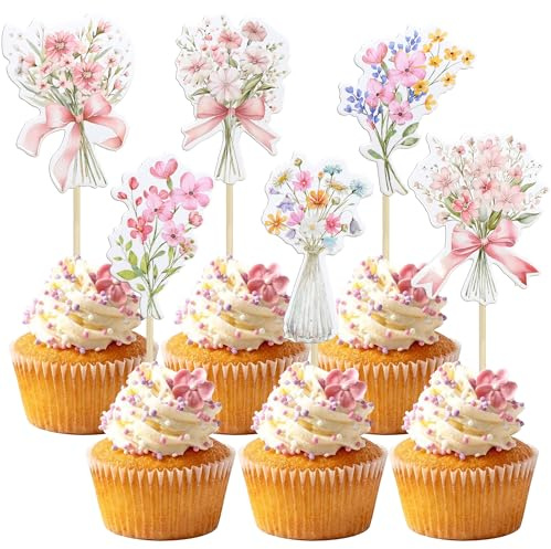 Ephlyn 36Pcs Floral Cupcake Toppers - Wildflower Baby Shower & Birthday Party Decorations