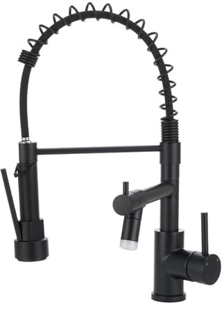 Warmiehomy LED Professionell Wasserhahn Küche,360° Schwenkbar Küchenarmatur mit Zwei Auslauf,Hoher Bogen Spiralfeder Brause Armatur Küche für Spültischarmatur,Schwarz