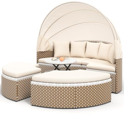 Dolamaní Sonneninsel Outdoor Wetterfest mit Verstellbarem Baldachin & Kissen, Rattan Sonnenliege mit Anhebbare Tischplatte, Lounge-Sessel-Bett Kombi-Möbel für Garten, Pool (Beige N)