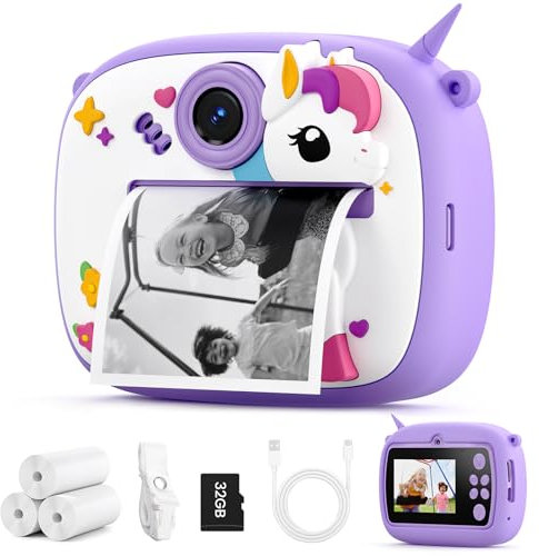 Cámara de Fotos instantánea para niños,Cámara instantánea con Papel de impresión y Tarjeta microsd,Camara Fotos Juguete Regalo para niños y niñas de 3 a 14 años (púrpura)