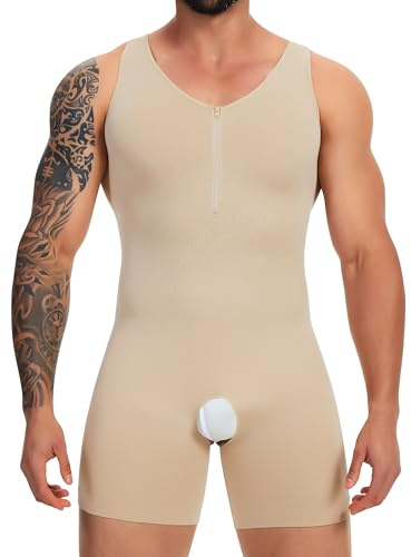 SLIMBELLE Body moldeador para hombre, camiseta sin mangas con control de abdomen, moldeador de cuerpo completo, camiseta de compresión sin costuras, ligera, moldeadora, beige, M
