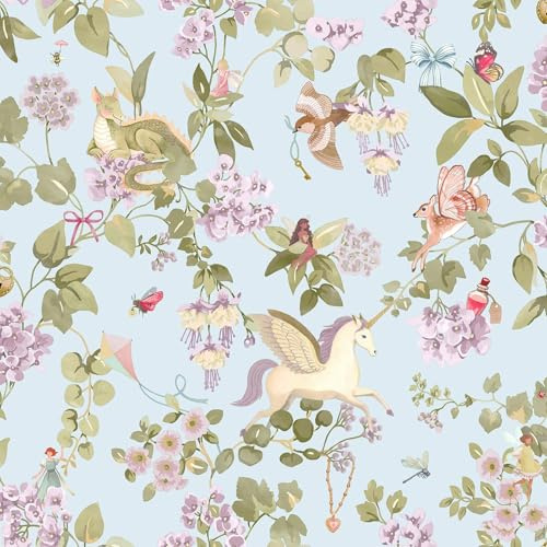 HoldeHolden Storybook Away with the Fairies Unicorn Themed Wallpaper with Dragons Butterflies for Girls' Bedrooms, Nurseries, Playrooms in Sky Blue (14022)