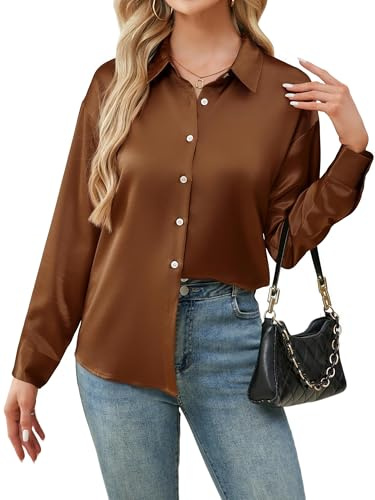 Stamain Camisas Mujer Blusa de Satén Seda Manga Larga Camisa Informal con Botones Elegante Blusa con Cuello en V para Oficina Ejecutiva y Negocios Marrón XL