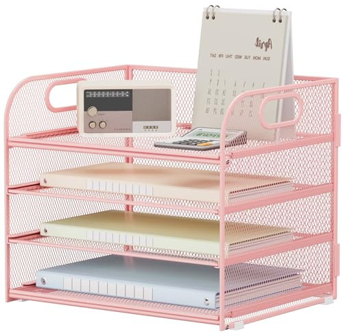 VITVITI Organizador de Escritorio con Archivador, Bandeja de Papel de 4 Niveles con Asa, Malla de RellenoOrganizador para Material de Oficina en Casa, Accesorios de Oficina Ordenados - Rosa