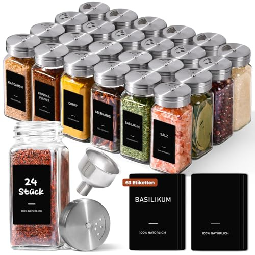 ComSaf Spice Jars with Lids & Labels 24 Pack, 120ml Square Small Glass Spice Containers with Adjustable Stainless Steel Shaker Tops & Funnel, Herb Jars Seasoning Jars for Rack, Drawer, Organiser