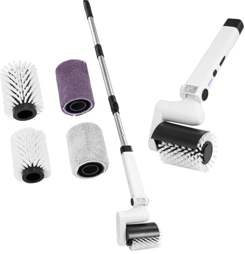 Elektrische Reinigungsbürste,Electric Spin Scrubber schnurlos mit 4 austauschbaren Bohrbürstenköpfen, Wanne und Bodenfliese mopSet mit verstellbarem Griff für Bad Küche Auto Fußboden (Weiß)