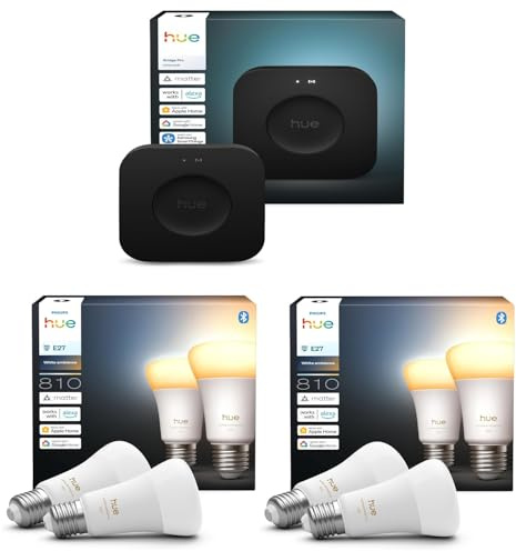Philips Hue Lot de 2 ampoules intelligentes White Ambiance 810 A60 E27 (4 ampoules) + concentrateur intelligent Hue Bridge Pro | Éclairage intelligent sans fil, lumière chaude à froide, fonctionne