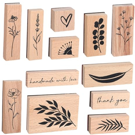 12 Pcs Vintage Wooden Rubber Stamps, Plant and Flower Decorative Wooden Rubber Stamp Set for Art DIY Craft Scrapbooking Journals Card Making Letters
