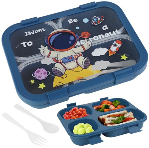 Lvjkes Brotdose Kinder mit Fächern mit 4 Fächern und Besteck, 1100ML Jausenbox kinder, Mikrowellen und Spülmaschinenfest, BPA frei, Wiederverwendbar (Astronaut-Blau)