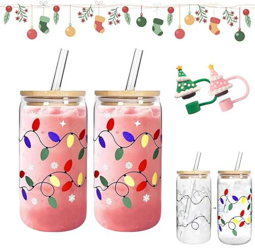 HItianya Color Changing Christmas Cup, Christmas Color Changing Glass Cup, Cute Glass Cups with Lids and Straws for Iced Coffee Cold Water, Xmas Party Decoration Gifts (2pc, 500, Millilitres)