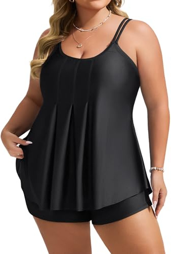Hanna Nikole Tankini damer stora storlekar, tvådelad, flytande tankini-toppar och badshorts med hög midja, bekväm magkontroll, baddräkt, badmode, justerbar, dubbla axelband, elegant baddräkt