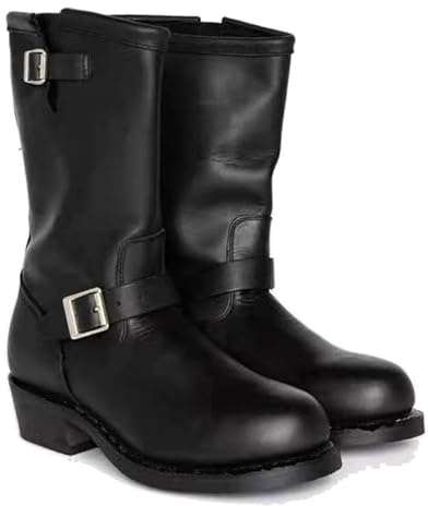ENWIND Hommes Bottes PU Cuir Équitation Moto Bottes Bottes mi-Mollet à Bout carré Western Cowboy Biker Bottes,Noir,47 EU