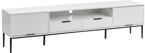 Meuble TV Moderne en MDF Pieds en Métal avec Portes et Trou pour Gestion des Câbles Blanc Leduc