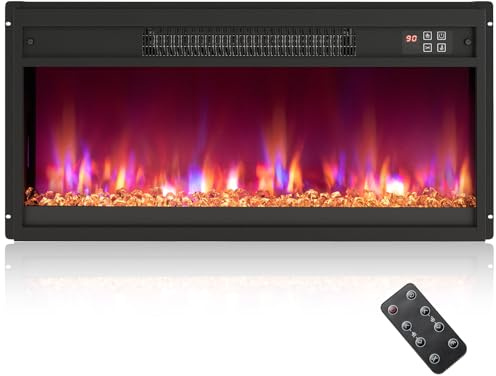 COSTWAY Elektrisk Kamin med Uppvärmning, 1 500 W, Inbyggd Kamin med Fjärrkontroll, Timer 0,5–9 H, Justerbar 3D-Flameffekt, Väggkamin med Termostat 17 ℃–32 ℃, Effektiv Värmare För Stora Rum