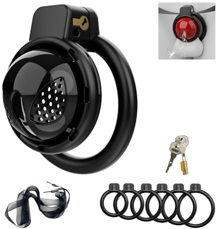 Chastity Cage Männer Sissy Sexspielzeug Kleiner Peniskäfig mit Gürtel und 6 Verschiedenen Ringen (40–60 mm) 3D-Gedruckter Keuschheitskäfig mit Schlössern zur Fesseln des Penis eines Mannes (Black)