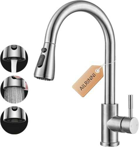 AILRINNI Robinet Cuisine avec Douchette Extractible, Robinet Douchette Cuisines en Acier Inoxydable, Arc Élevé Débit Élevé 360, 3 Modes de Jet, Robinet Évier Moderne pour Cuisine, Installation 1 Trou