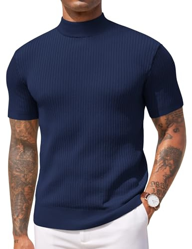COOFANDY Men's Mock Turtleneck T Shirt Short Sleeve Stand Collar Top Ribbed Knitted Pullover Stretchy Solid Tee