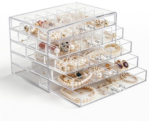 YTSMFL Acryl Schmuck Organizer, 5 Etagen Schmuckaufbewahrung Transparente Schmuckschatulle für Damen acryl-Schmuck-Organisationsbox 61 kleinen Fächern