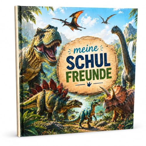 Tikva Verlag Freundebuch für die Schule mit Dino-Motiven | Erinnerungsbuch zum Ausfüllen mit Platz für 30 Freunde & 5 Wegbegleiter (z. B. Lehrer) | Beliebtes Geschenk für Jungen im Grundschulalter