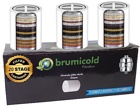 BRUMICOLD PACK AHORRO 3 FILTRO DUCHA RECAMBIO cartucho 20 Etapas, compatible con los filtros de 6,8,10,12,15,18 Etapas vitamina C, ideal para piles atópicas, reduce incrustaciones