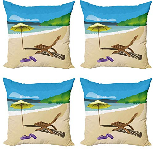 Ambesonne Summer Decorative Throw Pillow Case Pack of 4, Beach Sunshine Sand Waves Sandal Deckchair Holiday Relaxation Vacation Cartoon Print, Cushion Cover for Couch Living Room Car, 18, Multicolor