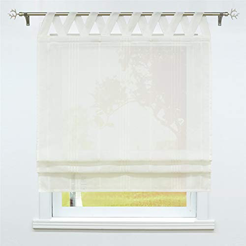 SCHOAL Raffrollo mit Schlaufen Halbtransparente Raffgardine Landhaus Schlaufenrollo Gardinen Leinen Streifen Muster 1 Stück BxH 100x140cm Beige #1