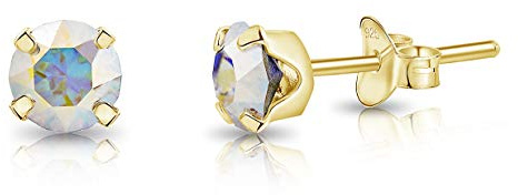 Pendientes de Botón Plata Ley 925 Chapados Oro 24K on Cristales Brillantes Multicolor - Pendientes Pequeños Oro para Mujer - Punto de Luz Hipoalergénicos - Diámetro 5 mm