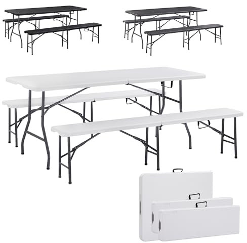 Arebos Bierzeltgarnitur 3-teilig Set Tisch + 2 x Bank | Festzeltgarnitur für drinnen - draußen | Biertisch Set | Zusammenklappbar & mit Tragegriff Campingtisch | Weiß