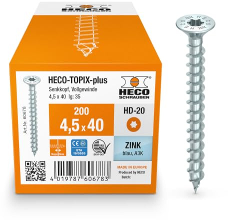 HECO-TOPIX-plus Holzschraube 4,5 x 40, Senkkopf mit Frästaschen, HECO-Drive, HD-20, variables Vollgewinde, verzinkt blau, A3K, 200 Stück