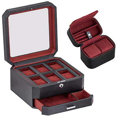ROTHWELL Geschenkset mit 6 Lederfächern & 2 Uhren-Reiseetuis – Luxus-Uhrenetui-Organizer, Micro-Veloursleder-Futter, abschließbarer Herren-Schmuckhalter, Aufbewahrungsboxen mit Glasplatte, Schwarz/Rot