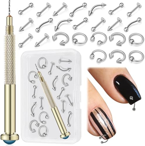 25 Pieces Nail Art Dangle Charms with Nail Piercing Tool Hand Drill, Nail Jewelry Rings Nail Charms Pierced Nail Art Supplies for Tips, Acrylic, Gels Decorations (Silver)